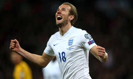 Harry Kane celebrates after scoring on his debut against Lithuania in March 2015