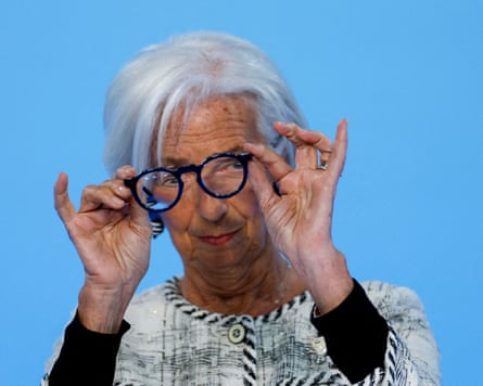 ECB President Christine Lagarde arrives to speak to reporters following the Governing Council's meeting
