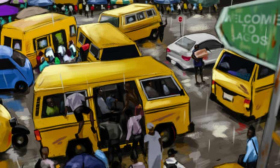 Illustration showing crowds of people around a yellow minibus in traffic