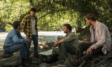 An image from the film Jungle, showing Daniel Radcliffe (second left, as Yossi).