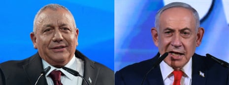 Yashar party leader Gadi Eisenkot (L) addressing his supporters at an election night rally in Tel Aviv early on October 28, 2026, and Prime Minister Benjamin Netanyahu addressing his supporters at an election night rally in Jerusalem early on October 28, 2026.