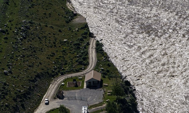 A road ends where flood waters washed away a house in Gardiner, Montana, in June.