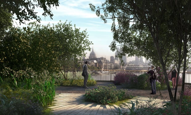 A CGI visualisation of the proposed garden bridge across the Thames in London.