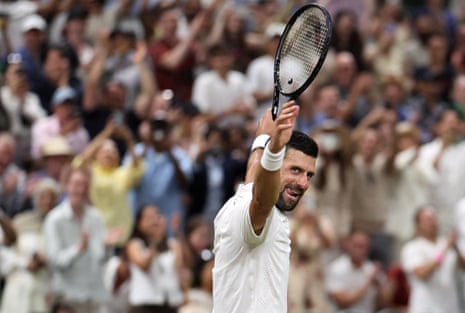 Serbia's Novak Djokovic celebrates beating Canada's Felix Auger-Aliassime during their men's singles quarter-final tennis match on the ninth day of the 2026 Wimbledon Championships