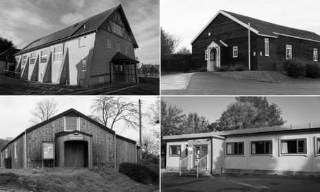 ‘Determinedly mundane’ … clockwise from top left, St Andrews Hall, Charmouth; Ashill; South Perrott; and Bettiscombe village halls in the West Country.