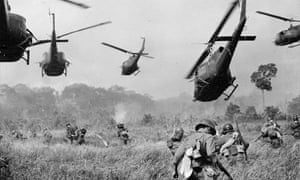 US Army helicopters cover the advance of South Vietnamese ground troops as they attack a Vietcong camp near the Cambodian border, 1965.
