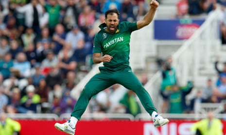 Pakistan’s Wahab Riaz celebrates taking the wicket of Chris Woakes