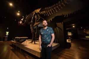 Australian Museum palaeontologist Matthew McCurry in the Tyrannosaurs - Meet the Family exhibition space.