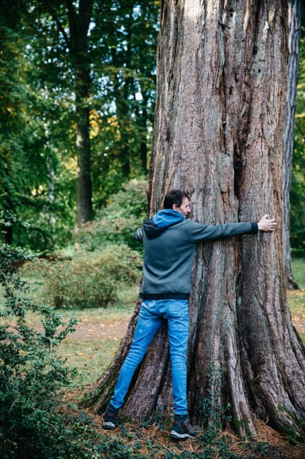 A visitor hugs a Giant Redwood at Westonbirt
