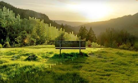 Image of green hills and trees overlaid with sound bars