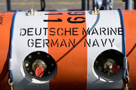 An underwater drone at the German Navy base presents capabilities and applications of mine countermeasures in Kiel, on 23 April.