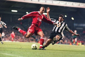 Collymore shoots under pressure from Albert.