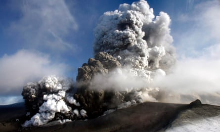 The volcano in southern Iceland’s Eyjafjallajokull glacier sends ash into the air