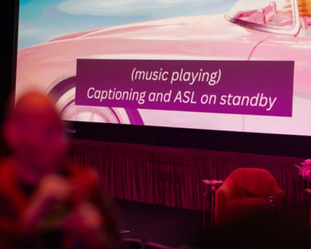 An open caption screening of the Barbie ASL cut movie for an audience of deaf and hard of hearing people in Westwood, California, in 2023.