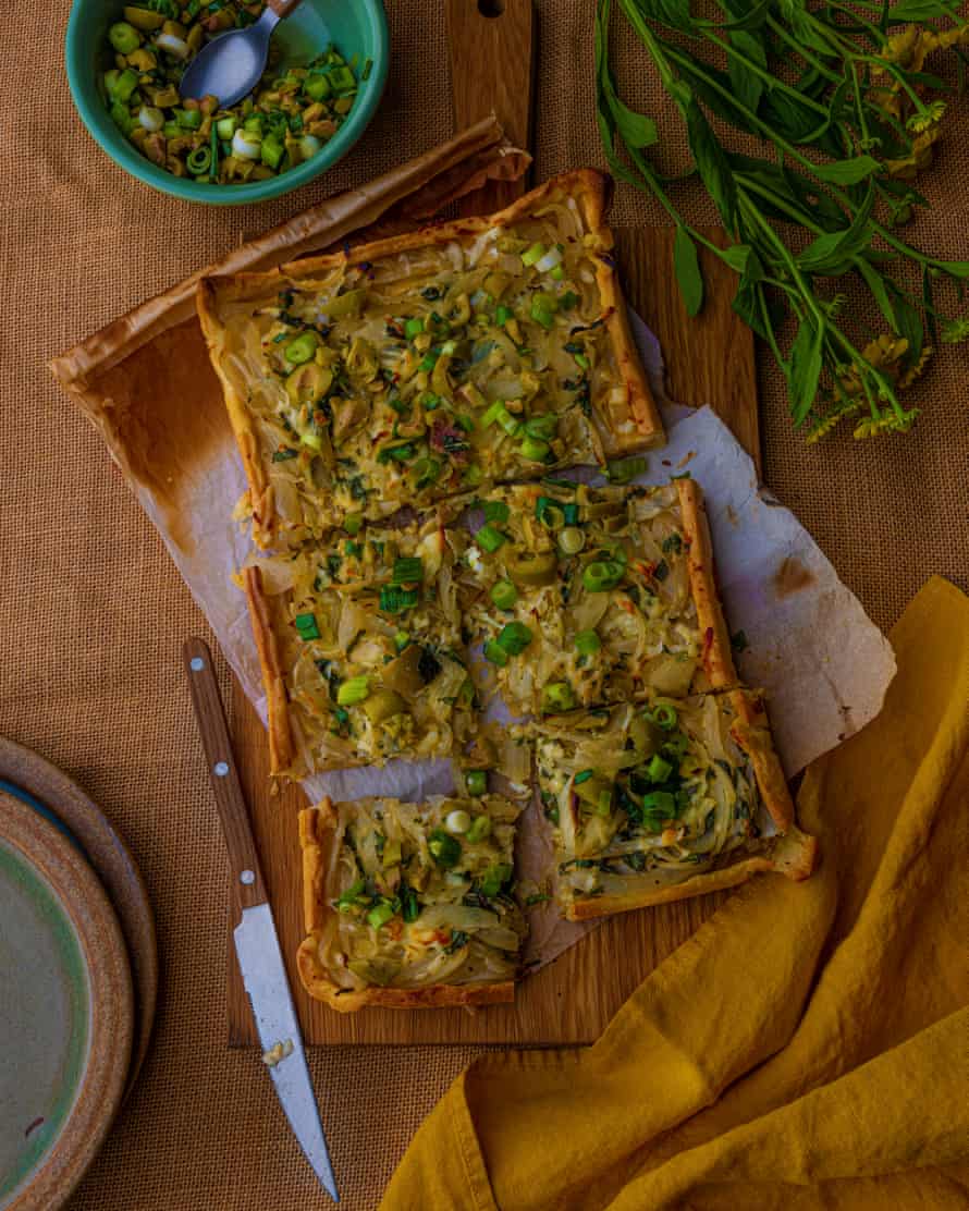 Anna Jones’s halloumi, lemon and caramelised onion pie.