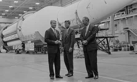 Rocket men: President Kennedy and Vice President Johnson at the George Marshall Space Flight Center with giant Saturn G-1 rocket.