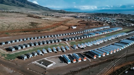 An aerial view shows over 165 modular homes at the Kilohana group housing site in Lahaina, developed by Fema, on 5 February.