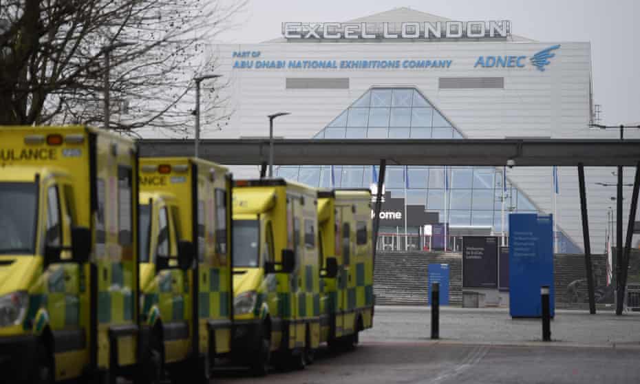 Ambulances parked outside the NHS Nightingale hospital at the ExCeL centre in London.