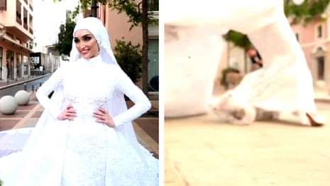 Footage shows moment Beirut explosion hits as bride poses for photographs – video