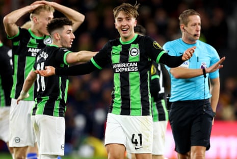 Brighton & Hove Albion's Jack Henshelwood reacts to his team-mates after referee John Brooks did not award a penalty for his team after they were challenged by Crystal Palace's Jordan Ayew.