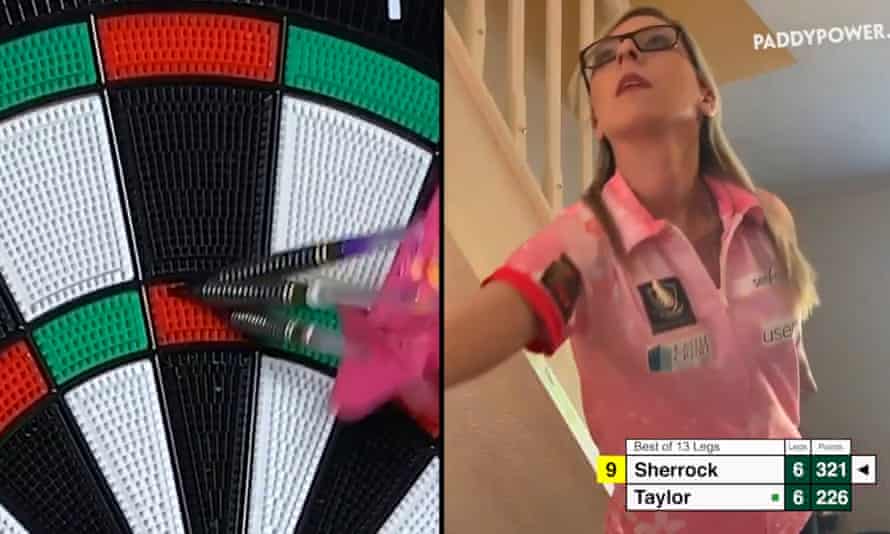 Fallon Sherrock gets a 180 during her Darts From Home match against Phil Taylor