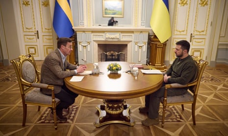 Volodymyr Zelenskiy with the prime minister of Sweden, Ulf Kristersson, in Kyiv on Wednesday.