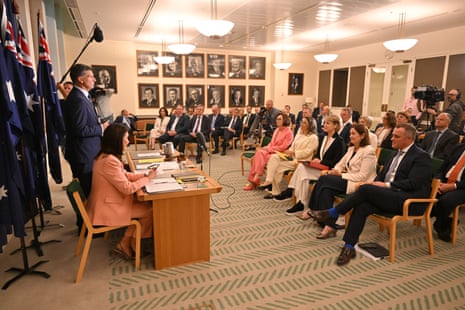 Angus Taylor addresses a Coalition joint party room meeting.
