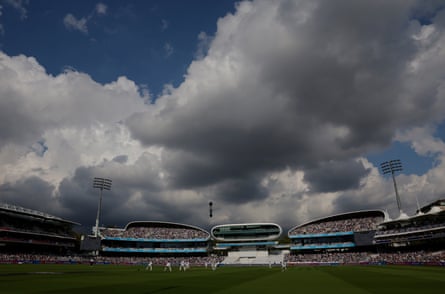 Dark clouds gather during play on day one of the second Test match between England and Pakistan at Lord’s Cricket Ground.