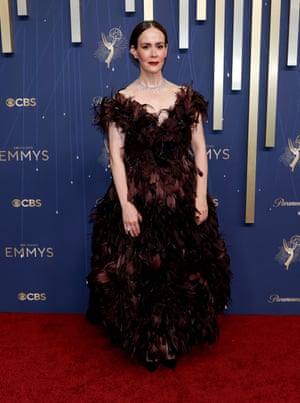 Sarah Paulson is unafraid to ruffle a few – or a lot of – feathers in a brown and black Marc Jacobs gown