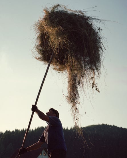 A man holds a hay fork full of hay up on the sky