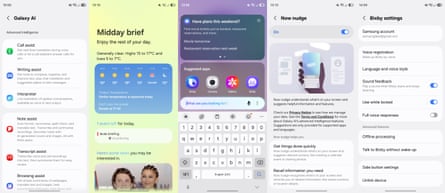 Screenshots showing various AI tools and their settings in OneUI 8.5 on a Samsung Galaxy S26 Ultra.