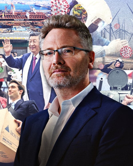 Clockwise from top left ; Shipbuilding in China, nurse with PPE gear, Chinese wind farm, T34 tanks in Red Square, President Donald Trump, Adam Tooze, traders during the 2000s financial crisis, President Xi Jinping.