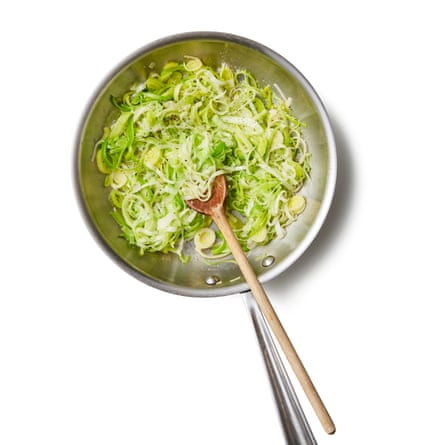 Melt half of the butter in a frying pan on a medium-low heat, then sweat the leeks, lightly seasoned with salt, pepper and nutmeg, until they collapse into soft ribbons, ensuring they don’t brown or crisp.