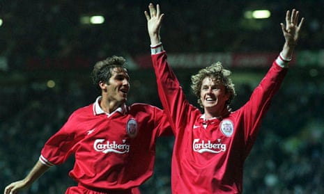 Steve McManaman is congratulated by team-mate Karl-Heinz Riedle after scoring for Liverpool against Celtic in September 1997