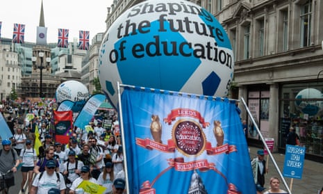 Members of the National Education Union as the cost of living demonstration in London on 18 June.