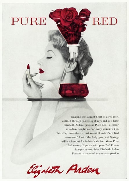 Original full page advertisement in fashion magazine circa 1955 for Elizabeth Arden Pure Red lipstick.