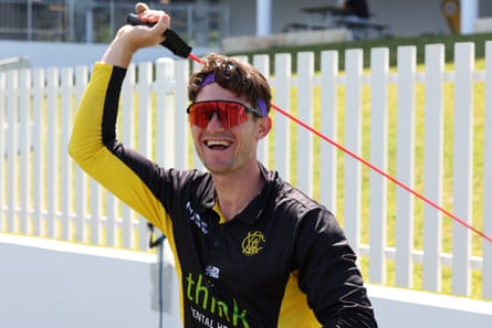 Cameron Bancroft uses an exercise band
