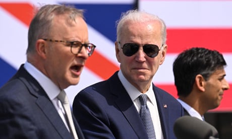 Joe Biden with the Australian prime minister, Anthony Albanese, and the British prime minister, Rishi Sunak, at the Aukus summit on March 13.