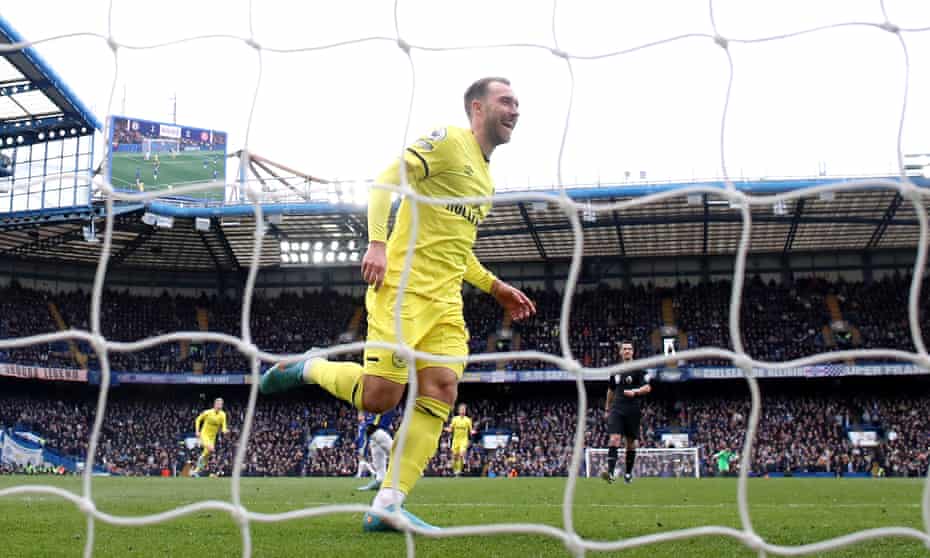 Christian Eriksen celebrates during Brentford’s stunning 4-1 win at Chelsea in April. 