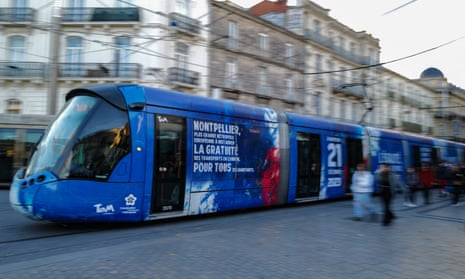 A tram running along the street in Montpellier, a Southern French city.
