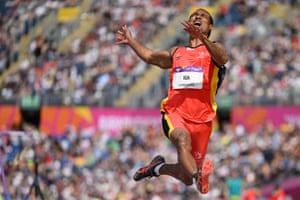Papua New Guinea’s Karo Iga competes during the men’s decathlon long jump.