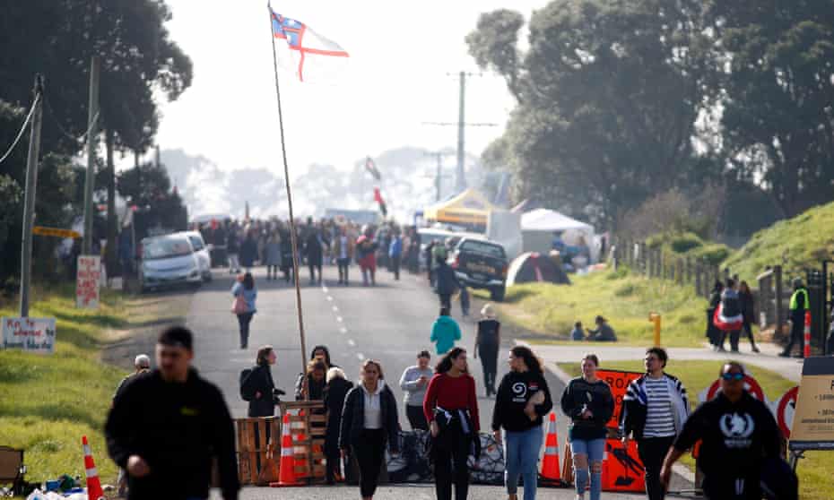 Protestors gather at Ihumātao in July 2019.