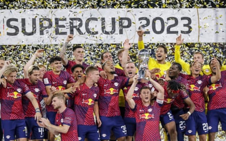 RB Leipzig players celebrate after beating Bayern Munich in the German Super Cup