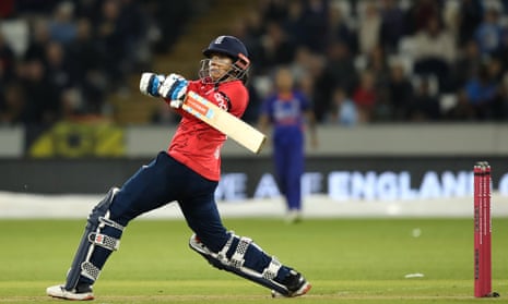 Sophia Dunkley hits out on her way to an unbeaten 61 against India