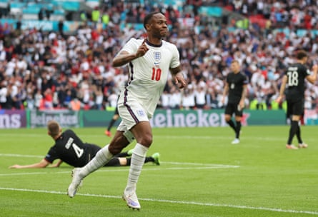 Raheem Sterling celebrates after scoring EnglandâÂÂs opener against Germany at the 2020 Euros