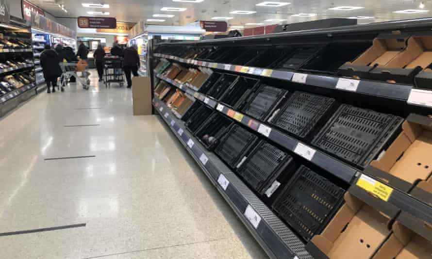 Depleted shelves in Sainsbury’s at the Forestside shopping centre in Belfast