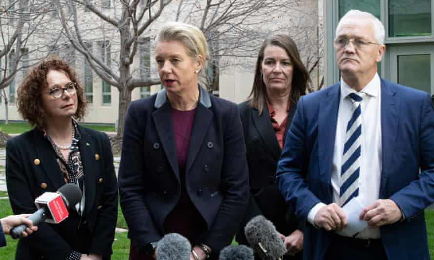 Nationals Anne Webster, Bridget McKenzie, Damian Drum and Perin Davey speak out on the Murray-Darling Basin plan outside Parliament House, Canberra