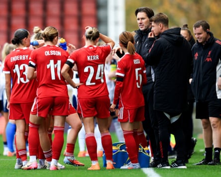 Gareth Taylor gives the team instructions during the Women’s Super League match between Tottenham and Liverpool
