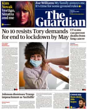 Guardian front page, Monday 15 February 2021