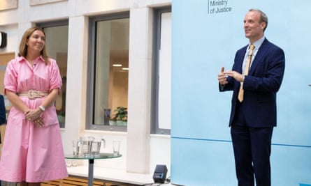 Antonia Romeo looks on and smiles as Dominic Raab makes a speech; she wears a pale pink, calf-length cotton dress with elbow-length sleeves, a flared skirt and a white belt; she is in her late 40s and has shoulder-length fair hair